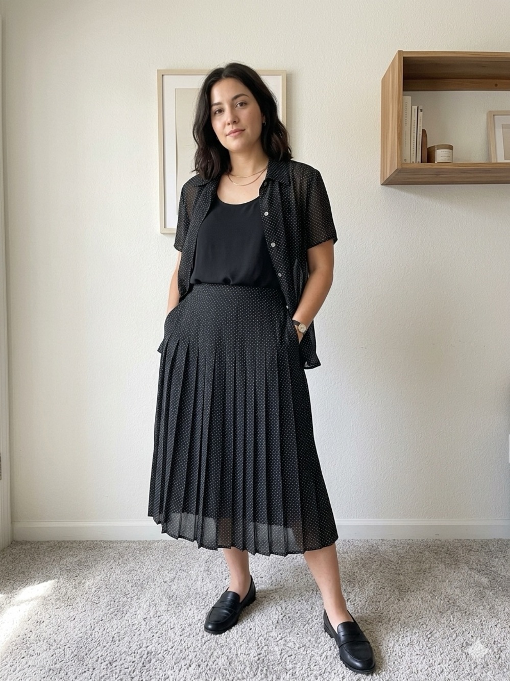 Liz Claiborn 3 Piece set Pleated Midi Skirt, Tank Top, Button-up, Micro Dots|10